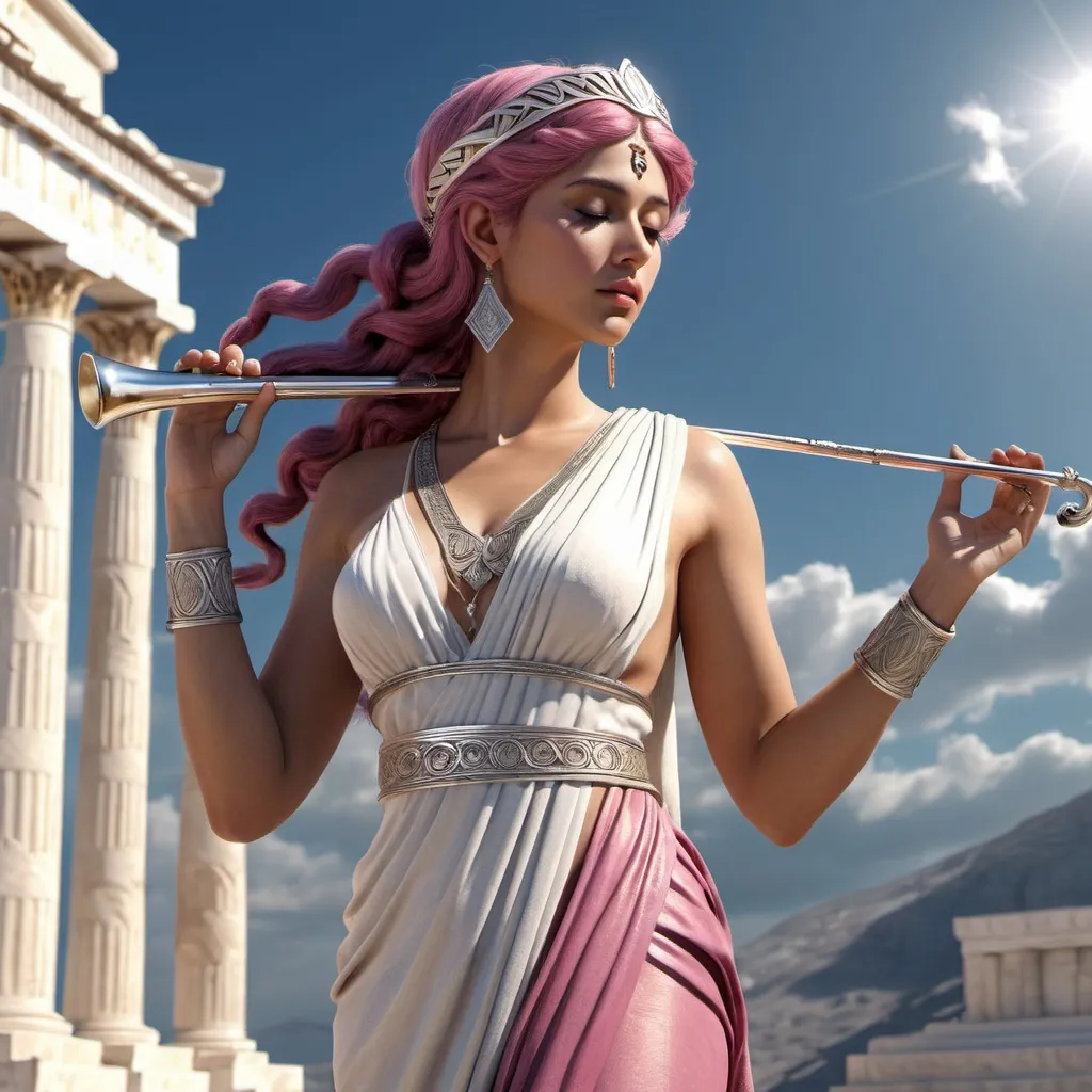 Prompt: HD 4k 3D, hyper realistic, professional modeling, ethereal Greek Muse of Musical Poetry, flowing dark pink hair, tan skin, gorgeous face, grecian flowing tunic, silver jewelry and silver headband, full body, delightful, music, playing flute, on mount olympus, detailed, elegant, ethereal, mythical, Greek, goddess, surreal lighting, majestic, goddesslike aura