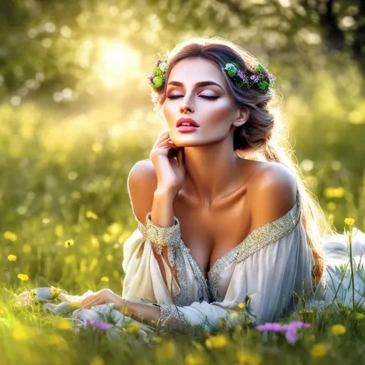 Prompt: HD 4k 3D 8k professional modeling photo hyper realistic beautiful woman ethereal greek goddess of excuses
gray french braid hair green eyes brown skin gorgeous face shimmering dress shiny jewelry headband laying in meadow full body surrounded by ambient glow hd landscape background she is lazing in a summer meadow bathed in sunshine with goats
