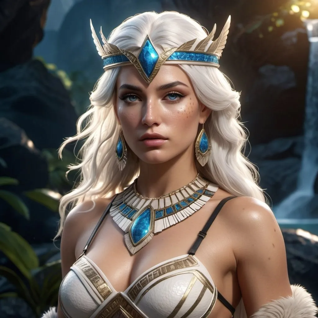 Prompt: HD 4k 3D, 8k, hyper realistic, professional modeling, ethereal Greek Goddess and Amazonian Queen, white hair, medium freckled skin, gorgeous glowing face, Amazonian Warrior fur armor, black jewelry and diadem, Amazon warrior, tattoos, full body, mountains, paradise, surrounded by ambient divine glow, detailed, elegant, mythical, surreal dramatic lighting, majestic, goddesslike aura