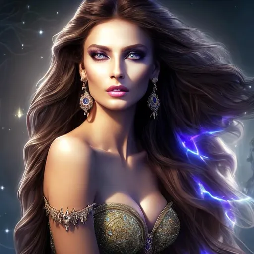 Prompt: HD 4k 3D 8k professional modeling photo hyper realistic beautiful powerful sorceress woman ethereal greek goddess of magic
chestnut brown hair light eyes black skin gorgeous face mystical dress magical jewelry diadem on head surrounded by magic ambient glow hd landscape spooky dark night sitting on throne under the moon dogs at her side magical atmosphere
