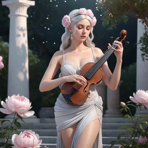 Prompt: HD 4k 3D, hyper realistic, professional modeling, ethereal Greek Muse of Middle Chord of the Lyre, bright silver hair, fair skin, gorgeous face, grecian lace dress, rose quartz jewelry and headband, full body, curvy figure, playing instrument, peony garden, dawn, detailed, elegant, ethereal, mythical, Greek, goddess, surreal lighting, majestic, goddesslike aura