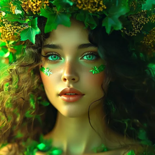 Prompt: Tranquillitas, Green Goddess of Peace and Tranquility, Pre-Raphaelite time-lapse motion blur Abstract* cyber graffiti, High resolution, detailed portrait, Midjourney style, ethereal atmosphere, flowing hair, captivating eyes, cosmic mystical aura, vibrant colors, soft lighting, professional, digital painting, enchanting presence, fantasy, dreamy, female, mystical, detailed hair, captivating gaze, professional lighting, hyper realistic, HD 4k 3D, professional modeling, ethereal, gorgeous face, ambient divine glow, detailed and intricate, elegant, ethereal, mythical, goddess, radiant lighting, majestic, goddesslike aura