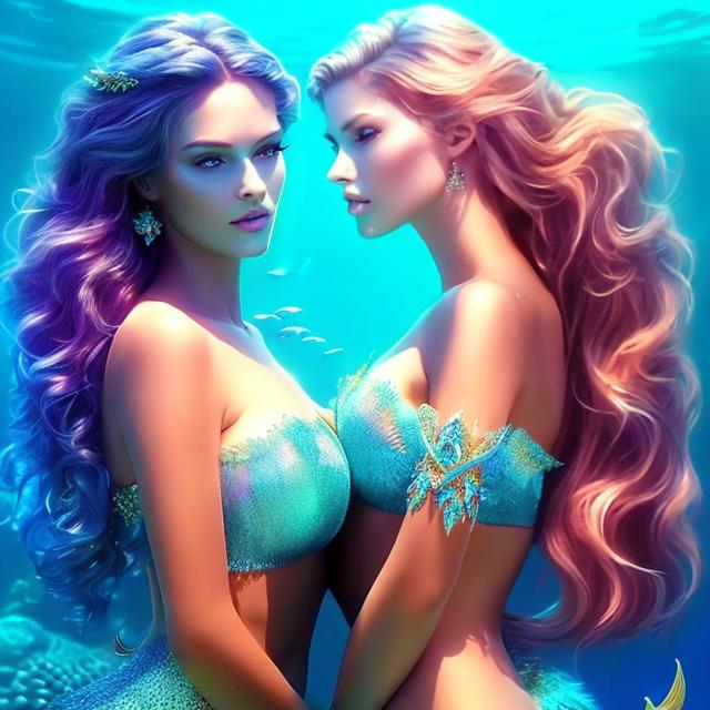 Prompt: HD 4k 3D 8k professional modeling photo hyper realistic beautiful women ethereal greek goddesses sea nymphs Oceanids
 all different colored hair gorgeous face ocean jewelry sea crowns all different colored mermaid tails full body surrounded by ambient glow hd landscape under the ocean mermaids

