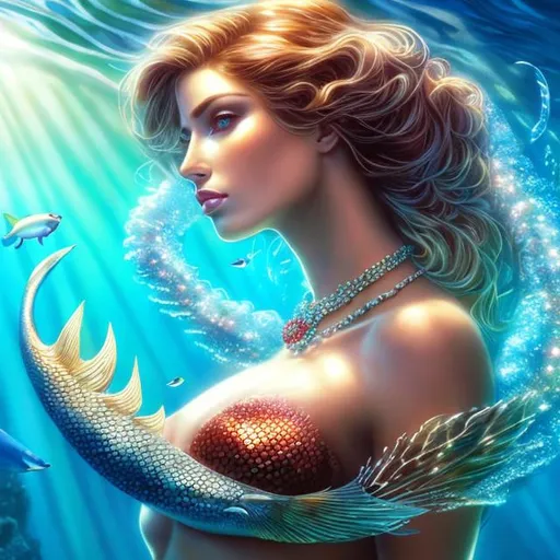 Prompt: HD 4k 3D, hyper realistic, professional modeling, ethereal Greek goddess of fresh water, red ombre hair, dark freckled skin, gorgeous face, gorgeous mermaid, freshwater jewelry and tiara, full body, ambient glow, river mermaid, landscape, detailed, elegant, ethereal, mythical, Greek, goddess, surreal lighting, majestic, goddesslike aura