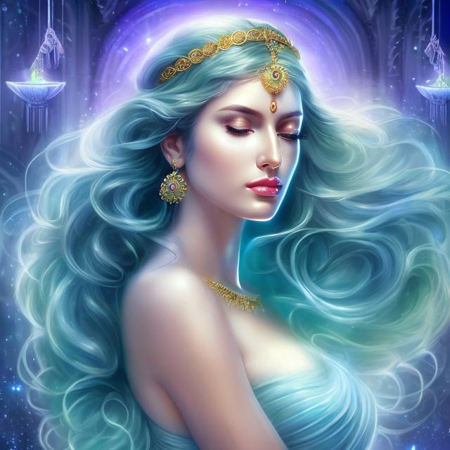 Prompt: HD 4k 3D, hyper realistic, professional modeling, ethereal Greek sleep goddess of hallucinations, blue hair, white skin, multicolor gown, gorgeous face, chrome jewelry and headband, full body, ambient spirit glow, serenity, meditation, tranquil dreamlike background, detailed, elegant, ethereal, mythical, Greek, goddess, surreal lighting, majestic, goddesslike aura