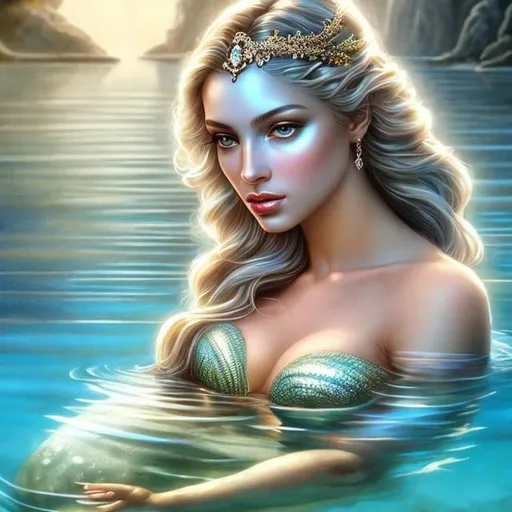 Prompt: HD 4k 3D, hyper realistic, professional modeling, ethereal Greek goddess of fresh water, white hair, mixed skin, gorgeous face, gorgeous mermaid, freshwater jewelry and headband, full body, ambient glow, lady of the lake, mermaid, landscape, detailed, elegant, ethereal, mythical, Greek, goddess, surreal lighting, majestic, goddesslike aura