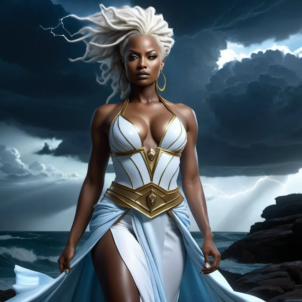 Prompt: HD 4k 3D 8k professional modeling photo hyper realistic beautiful woman enchanted Storm Princess Ororo, ethereal greek goddess, full body surrounded by ambient glow, magical, highly detailed, intricate, beautiful superhero style, Kenya, Storm, outdoor landscape, highly realistic woman, high fantasy background, elegant, mythical, surreal lighting, majestic, goddesslike aura, Annie Leibovitz style 

