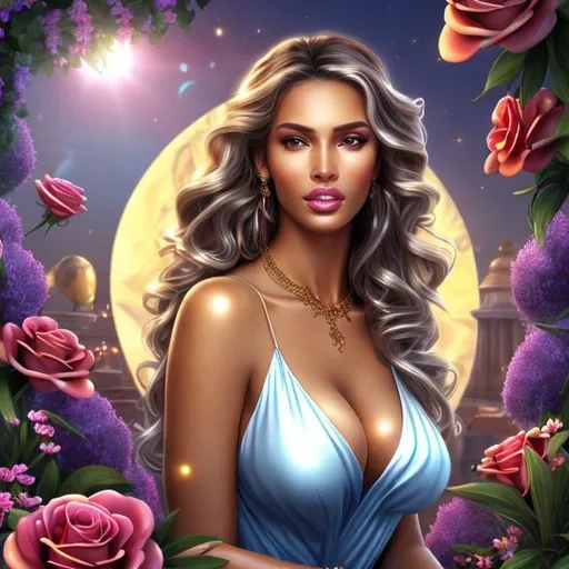 Prompt: HD 4k 3D 8k professional modeling photo hyper realistic beautiful sultry woman ethereal greek goddess of persuasion
long wavy shiny silver hair dark blue eyes gorgeous face tan glowing skin curvy body revealing dress gold necklace and crown full body surrounded by ambient glow hd landscape background she on mount olympus in a beautiful garden with red roses, vibrant flora and tropical birds
