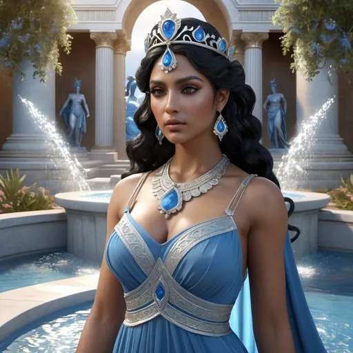 Prompt: HD 4k 3D, 8k, hyper realistic, professional modeling, ethereal Greek Goddess and Trojan Princess, black hair, brown skin, gorgeous glowing face, blue gown, silver jewelry and crown, garden fountain, dusty miller lacy flowers, paradise, surrounded by ambient divinity glow, detailed, elegant, mythical, surreal dramatic lighting, majestic, goddesslike aura