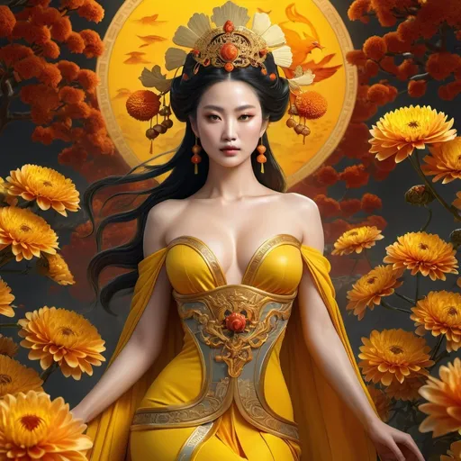 Prompt: HD 4k 3D 8k professional modeling photo hyper realistic beautiful woman enchanted ancient China Dynasty Princess Empress Phoenix, ethereal greek goddess, full body surrounded by ambient glow, magical, highly detailed, intricate, Qi dynasty, yellow gold and orange chrysanthemums, outdoor landscape, highly realistic woman, high fantasy background, elegant, mythical, surreal lighting, majestic, goddesslike aura, Annie Leibovitz style 

