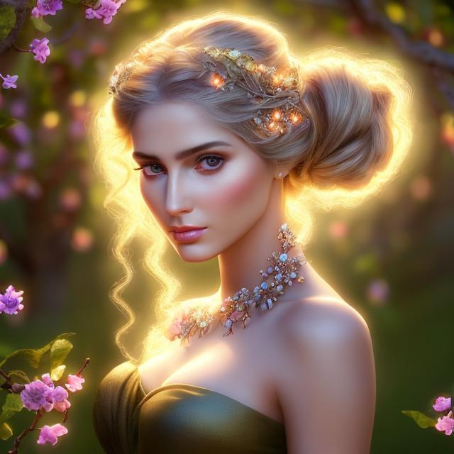 Prompt: HD 4k 3D, hyper realistic, professional modeling, ethereal Greek goddess of apple trees, light brown pigtail hair, olive skin, gorgeous face, gorgeous white dress, rustic jewelry and apple blossom headpiece, full body, ambient glow, apple tree orchard, landscape, detailed, elegant, ethereal, mythical, Greek, goddess, surreal lighting, majestic, goddesslike aura