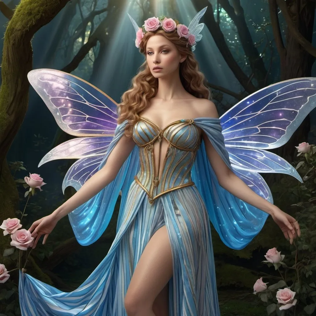 Prompt: HD 4k 3D 8k professional modeling photo hyper realistic beautiful woman enchanted, Oz Princess Polychrome, a cloud fairy and the daughter of the Rainbow, thus she is a "sky princess". radiant and beautiful fairy and exquisitely dressed. She was clad in flowing, fluffy robes of soft material that reminded Dorothy of woven cobwebs, only it was colored in soft violet, rose, topaz, olive, azure, and white, mingled together most harmoniously in stripes which melted one into the other. Her hair was like spun gold and floated around her in a cloud, no strand being fastened or confined by either pin or ornament or ribbon. she is sweet and ethereal, very much the archetypical good fairy. She is well known in the series for her daintiness and grace, and is considered to be an equal in beauty, ethereal greek goddess, full body surrounded by ambient glow, magical, highly detailed, intricate, outdoor  landscape, high fantasy background, elegant, mythical, surreal lighting, majestic, goddesslike aura, Annie Leibovitz style 