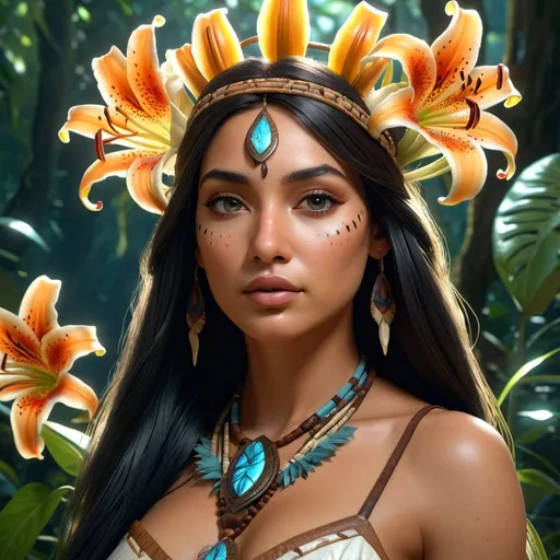Prompt: HD 4k 3D, hyper realistic, professional modeling, enchanted Native American Princess - Tiger Lily, beautiful, magical, mystical forest, tiger lily flowers, detailed, elegant, ethereal, mythical, Greek goddess, surreal lighting, majestic, goddesslike aura