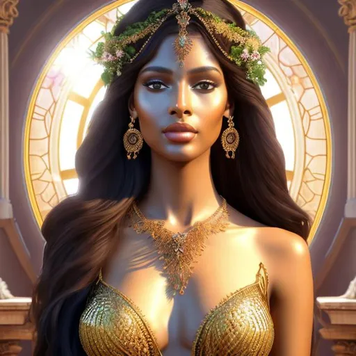 Prompt: HD 4k 3D, hyper realistic, professional modeling, ethereal Greek goddess of plants, brown hair, brown skin, plant gown, gorgeous face, gemstone jewelry and queen headpiece, full body, ambient glow, garden of eden, harvest fruits, blooming plants background, detailed, elegant, ethereal, mythical, Greek, goddess, surreal lighting, majestic, goddesslike aura