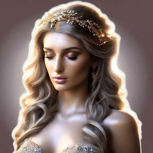 Prompt: HD 4k 3D, hyper realistic, professional modeling, ethereal Greek goddess of drunkeness, silver ombre hair, tan skin, gorgeous face, gorgeous grapevine dress, rustic jewelry and vine diadem, full body, ambient glow, wine and grape festival, landscape, detailed, elegant, ethereal, mythical, Greek, goddess, surreal lighting, majestic, goddesslike aura