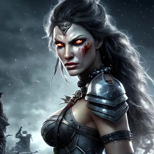 Prompt: HD 4k 3D 8k professional modeling photo hyper realistic beautiful barbarian demon woman ethereal greek goddess of mad rage and frenzy
dark gray hair dark eyes gorgeous face pale skin scarred shiny tattered armored dress  full body surrounded by evil glow hd landscape background tough woman at night with falling snow and rabid wolves at her command