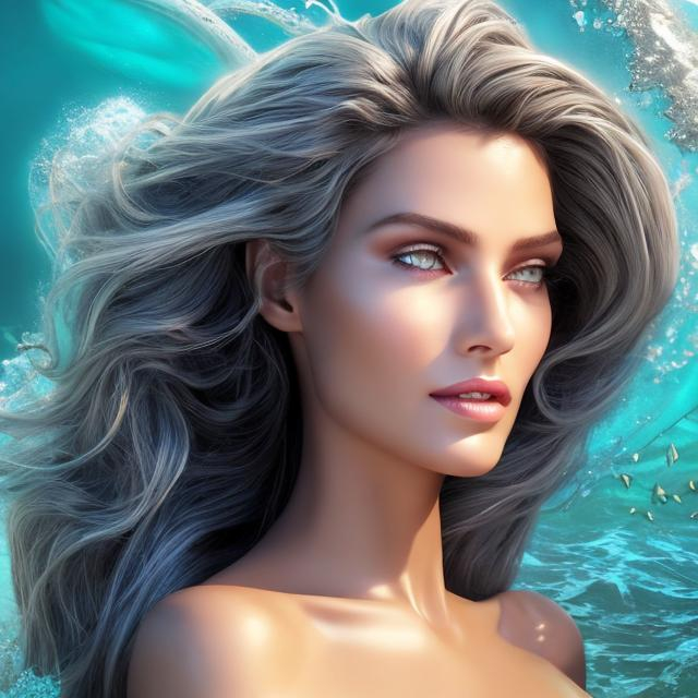 Prompt: HD 4k 3D 8k professional modeling photo hyper realistic beautiful woman ethereal mighty powerful greek goddess sea nymph of the ocean tides
gray hair brown skin gorgeous face  ocean jewelry ocean headpiece mermaid tail full body surrounded by ambient glow hd landscape stormy ocean waves seagulls flying overhead

