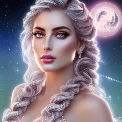 Prompt: HD 4k 3D, hyper realistic, professional modeling, ethereal Greek goddess of the night sky, white and pink bubble braid hair, white skin, gorgeous face, star-studded nightgown, diamond jewelry and diadem, full body, soft ambient glow of starlight, alluring goddess, in the night sky, constellations, detailed, elegant, ethereal, mythical, Greek, goddess, surreal lighting, majestic, goddesslike aura