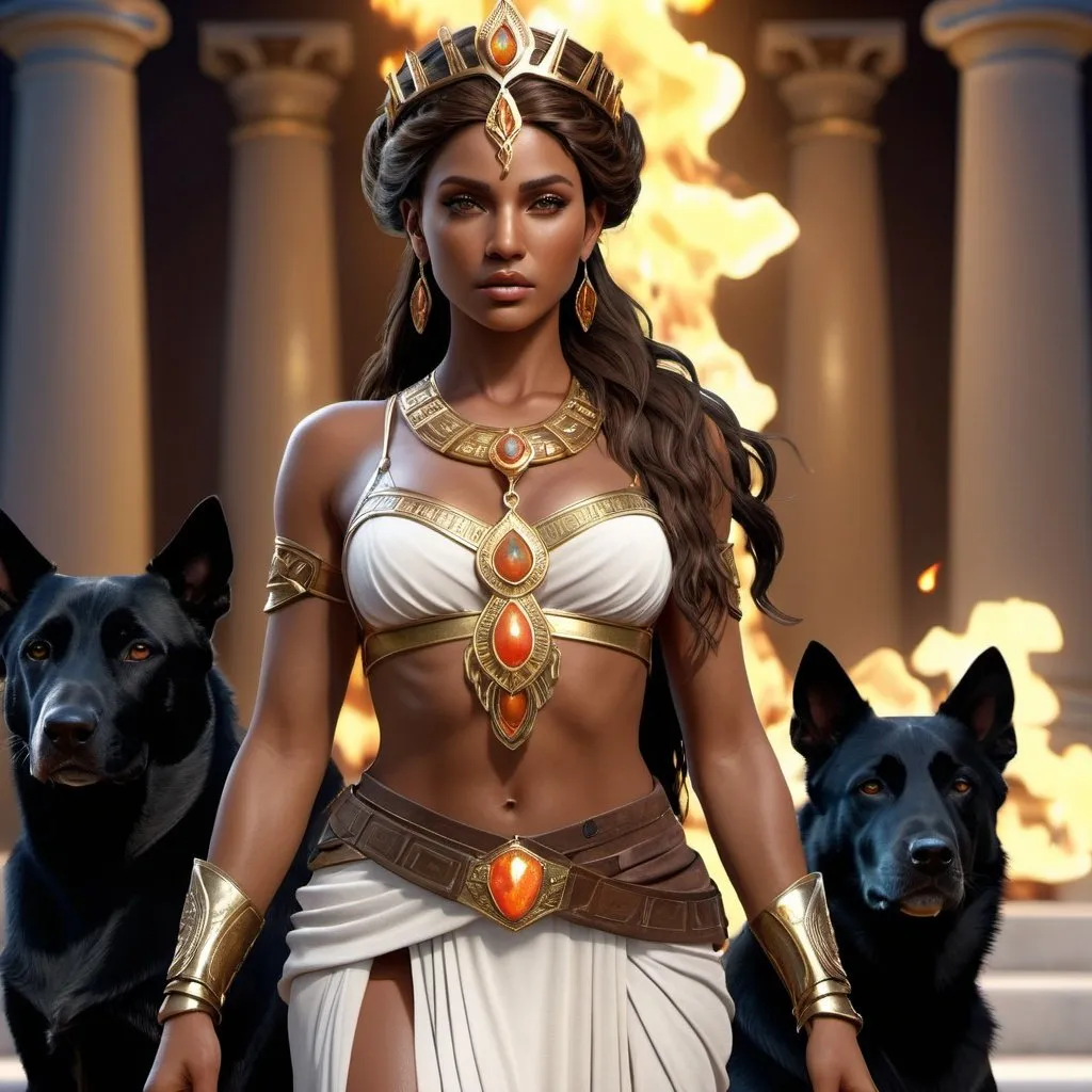 Prompt: HD 4k 3D, hyper realistic, professional modeling, ethereal Greek Goddess of Tracking, bright brown hair, dark skin, gorgeous face,  grecian female warrior, fire opal jewelry and tiara, full body, eternal bounty hunter and tracker, wild, dog companion, weapons, detailed, elegant, ethereal, mythical, Greek, goddess, surreal lighting, majestic, goddesslike aura