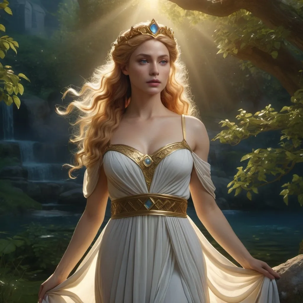 Prompt: HD 4k 3D, hyper realistic, professional modeling, enchanted European goddess mythology Princess, beautiful, magical, detailed, highly realistic woman, cottagecore style background and landscape, elegant, ethereal, mythical, Greek goddess, surreal lighting, majestic, goddesslike aura, Annie Leibovitz style 