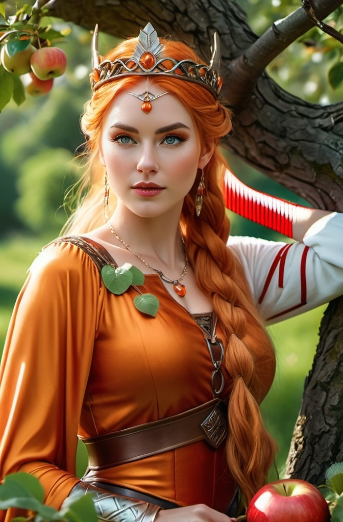 Prompt: Idunn Norse Goddess of apples and youth, hyper realistic, HD 4k 3D, professional modeling, ethereal, bright orange ponytail hair, medium skin, gorgeous face, gorgeous jewelry and crown, Valkyrie, in an apple orchard, ambient divine glow, detailed and intricate, elegant, ethereal, mythical, goddess, radiant lighting, majestic, goddesslike aura, Norse Viking Mythology