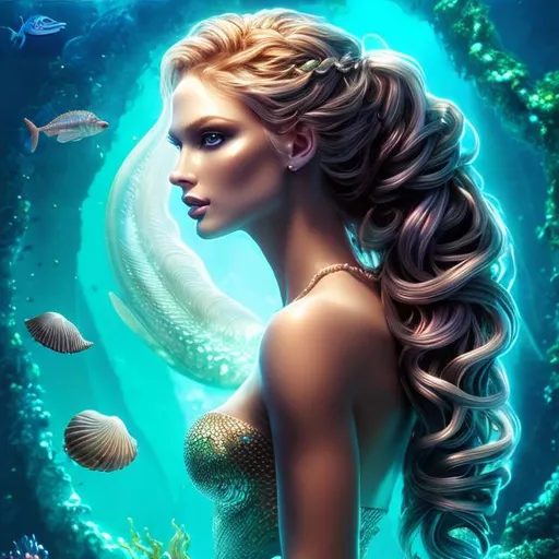 Prompt: HD 4k 3D 8k professional modeling photo hyper realistic beautiful woman ethereal greek goddess sea witch mermaid
gold dutch braided hair dark eyes gorgeous face dark seashell jewelry dark seashell tiara dark mermaid tail full body surrounded by ambient glow hd landscape dark magic underwater abyss sea monsters
