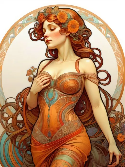 Prompt: Alphonse Mucha Style, art nouveau illustration of a full body woman, thick lines, intricate details, beautiful colors