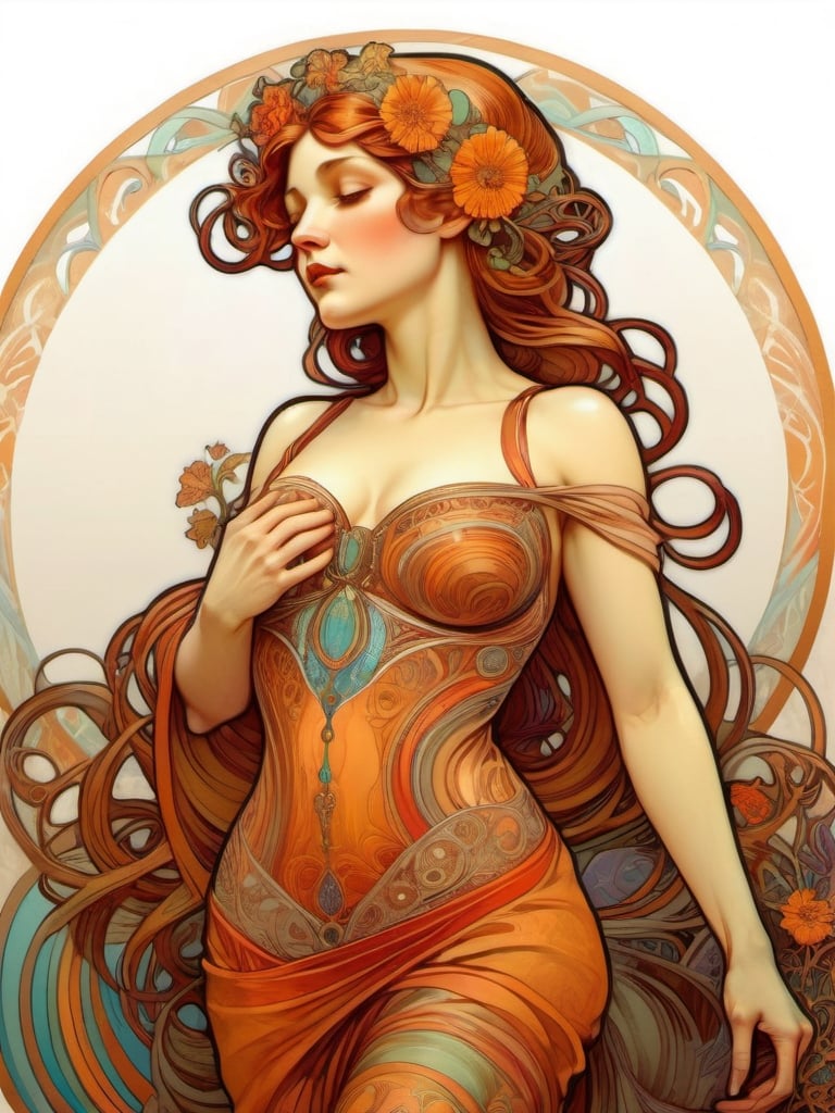 Prompt: Alphonse Mucha Style, art nouveau illustration of a full body woman, thick lines, intricate details, beautiful colors