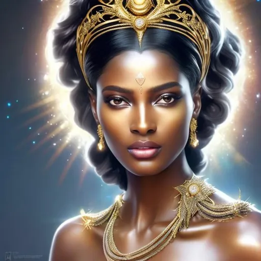 Prompt: HD 4k 3D, hyper realistic, professional modeling, ethereal Greek goddess, silver hair, black skin, glorious gold gown, gorgeous face, shining jewelry and tiara, full body, ambient glow, glorious cosmic light, beautiful bright sun goddess, powerful, detailed, elegant, ethereal, mythical, Greek, goddess, surreal lighting, majestic, goddesslike aura