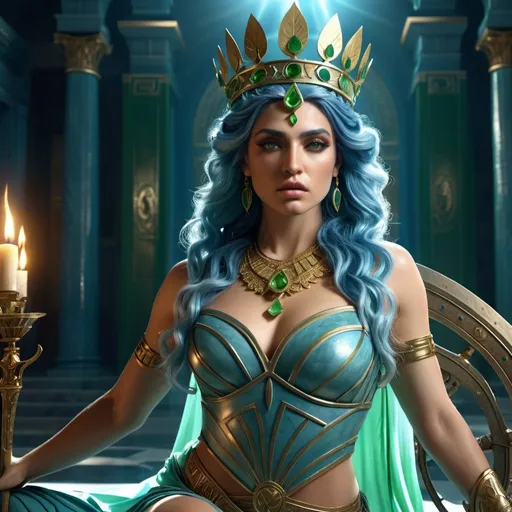 Prompt: HD 4k 3D, 8k, hyper realistic, professional modeling, ethereal Greek Goddess Calydonian Princess, blue hair, olive skin, gorgeous glowing face, flowing dress, green gemstone jewelry and crown, combat warrior, drives a chariot, bloody, surrounded by ambient divinity glow, detailed, elegant, mythical, surreal dramatic lighting, majestic, goddesslike aura