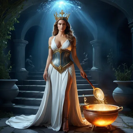 Prompt: HD 4k 3D 8k professional modeling photo hyper realistic beautiful woman enchanted evil Princess Goneril, ethereal greek goddess, full body surrounded by ambient glow, magical, highly detailed, intricate, cruel and deceitful, villain, making potions with cauldron, witch, outdoor landscape, high fantasy background, elegant, mythical, surreal lighting, majestic, goddesslike aura, Annie Leibovitz style 

