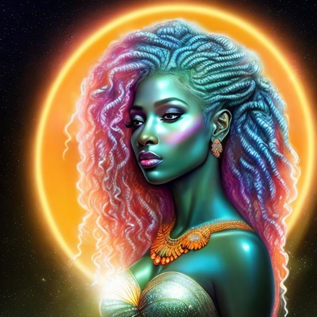 Prompt: HD 4k 3D, hyper realistic, professional modeling, ethereal Greek goddess of sunrise, green and light blue twists hair, dark skin, orange and pink shimmering gown, gorgeous face, sparkling jewelry and tiara, full body, ambient glow of sunrise, alluring sun goddess on the horizon, detailed, elegant, ethereal, mythical, Greek, goddess, surreal lighting, majestic, goddesslike aura