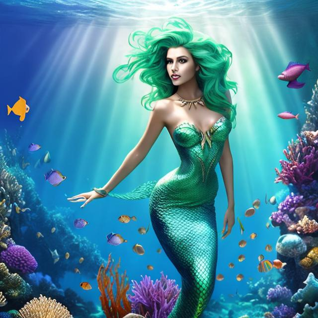 Prompt: HD 4k 3D 8k professional modeling photo hyper realistic beautiful evil woman ethereal greek goddess mermaid
green hair gorgeous face starfish  jewelry starfish diadem mermaid tail full body surrounded by ambient glow hd landscape swimming through underwater kelp forest 
