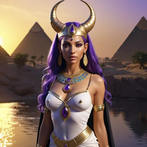 Prompt: HD 4k 3D, 8k, hyper realistic, professional modeling, ethereal Egyptian Soul Goddess Bat, beautiful, glowing olive skin, purple hair, mythical clothing and jewelry, tiara, cow ears and horns full body, cow companions, Nile River in background, surrounded by ambient divine glow, detailed, elegant, surreal dramatic lighting, majestic, goddesslike aura