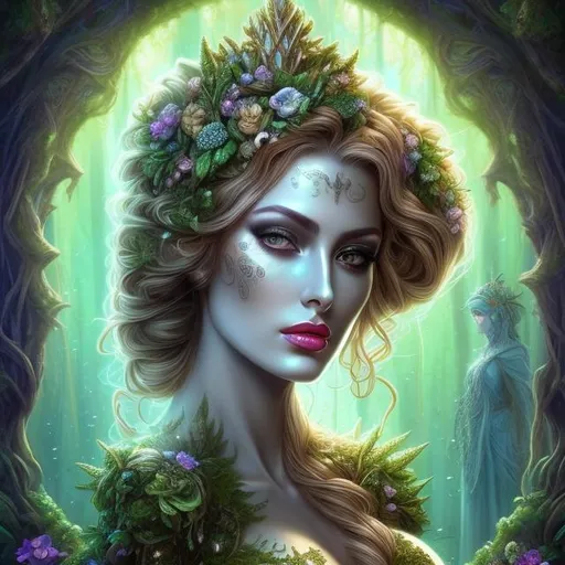 Prompt: HD 4k 3D, hyper realistic, professional modeling, ethereal Greek undead goddess of trees, green ombre hair, dark freckled skin, gorgeous face, gorgeous tree dress, tree jewelry and underworld crown, full body, ambient spooky glow, tree nymph in the underworld, landscape, detailed, elegant, ethereal, mythical, Greek, goddess, surreal lighting, majestic, goddesslike aura
