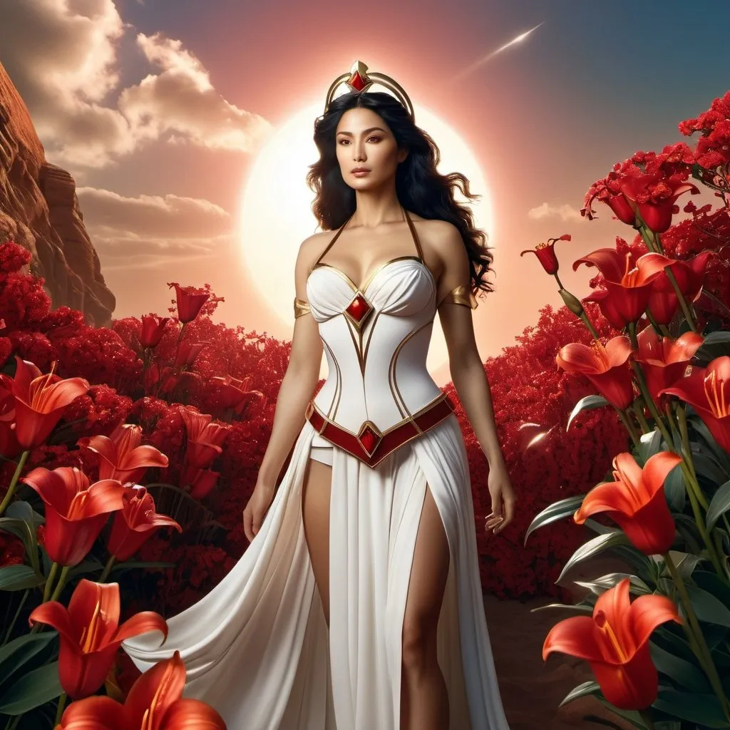 Prompt: HD 4k 3D 8k professional modeling photo hyper realistic beautiful woman enchanted Mars Princess Rei, ethereal greek goddess, full body surrounded by ambient glow, magical, highly detailed, intricate, beautiful Sailor Mars style, Mars, rubies and white casablanca lilies, outdoor landscape, highly realistic woman, high fantasy background, elegant, mythical, surreal lighting, majestic, goddesslike aura, Annie Leibovitz style 

