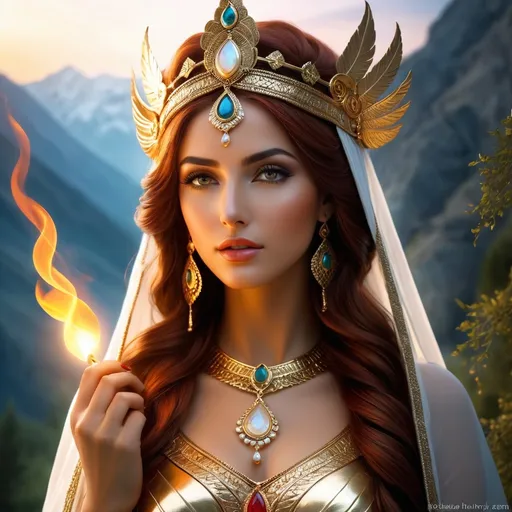 Prompt: Al Basty is an ancient female spirit, the personification of guilt, found in folklore throughout the Caucasus mountains, with origins going as far back as Sumerian mythology. she was regarded as the first wife of Adam, cast out of Paradise for her willfulness and independence. she appears as spirit of flame, with snake-like hair and red brass fingernails, hyper realistic, HD 4k 3D, professional modeling, ethereal, gorgeous face, Ancient jewelry and headpiece, ambient divine glow, detailed and intricate, elegant, ethereal, mythical, goddess, radiant lighting, majestic, goddesslike aura, mystic ancient landscape