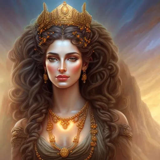 Prompt: HD 4k 3D, hyper realistic, professional modeling, ethereal Greek goddess mother of mountains, orange milkmaid braids hair, dark skin, gorgeous face, gorgeous grecian tunic, rustic jewelry and rustic tiara, full body, ambient glow, mountain nymph on stone throne lion at her feet, landscape, detailed, elegant, ethereal, mythical, Greek, goddess, surreal lighting, majestic, goddesslike aura