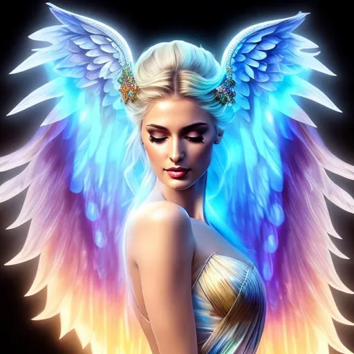 Prompt: HD 4k 3D, hyper realistic, professional modeling, ethereal Greek goddess of the Rainbow, rainbow hair, gorgeous rainbow dress, gemstone jewelry and headpiece, angel wings, full body, ambient glow, creating a beautiful rainbow, dazzling light, landscape, detailed, elegant, ethereal, mythical, Greek, goddess, surreal lighting, majestic, goddesslike aura