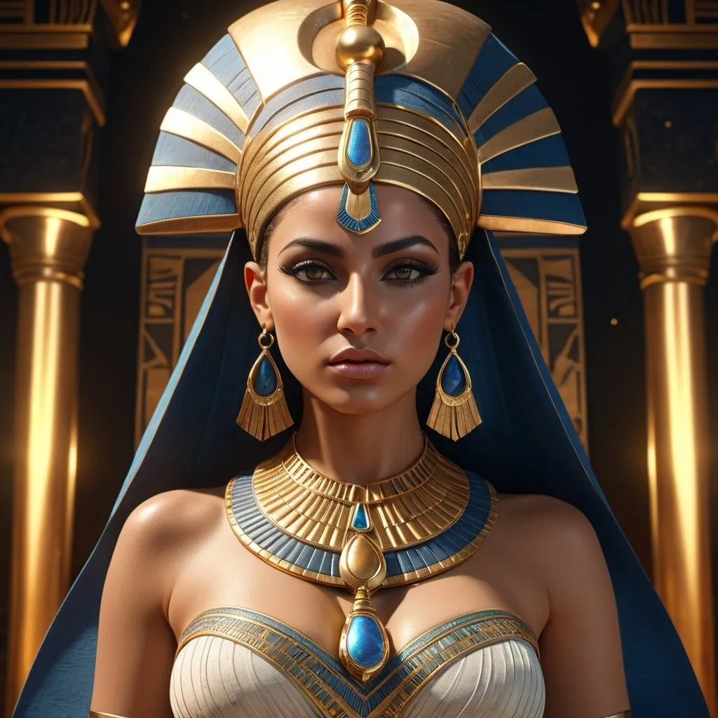 Prompt: HD 4k 3D, 8k, hyper realistic, professional modeling, ethereal Egyptian Queen Goddess Hathor, beautiful, glowing medium skin, brown hair, mythical clothing and jewelry, diadem, Goddess of the Sky, full body, powerful and vengeful, Palace in the Sky, surrounded by ambient divine glow, detailed, elegant, surreal dramatic lighting, majestic, goddesslike aura