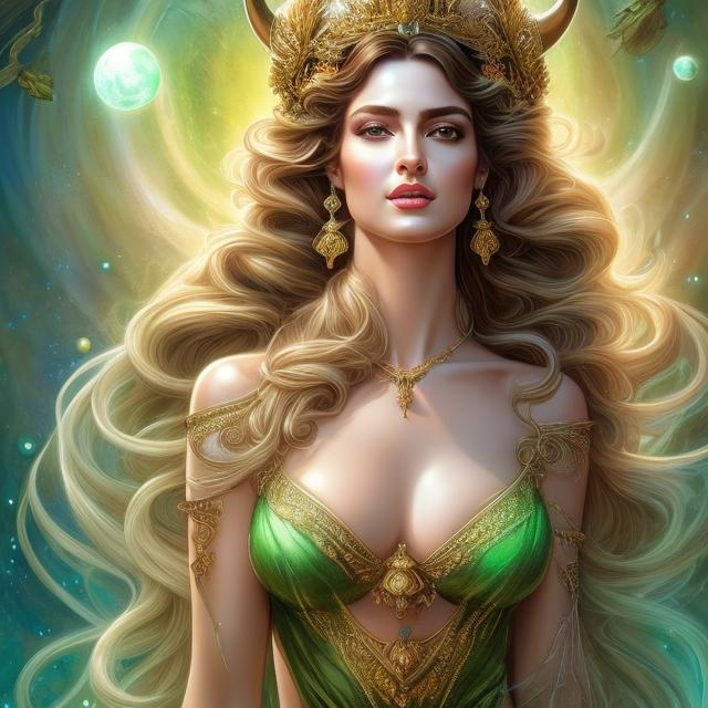 Prompt: HD 4k 3D, hyper realistic, professional modeling, ethereal Greek goddess of happiness, black hair with bull horns, fair skin, green earth gown, gorgeous face, emerald jewelry and crown, full body, ambient glow, bright spring meadow, happy, detailed, elegant, ethereal, mythical, Greek, goddess, surreal lighting, majestic, goddesslike aura