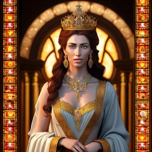 Prompt: HD 4k 3D 8k professional modeling photo hyper realistic beautiful regal Queen woman ethereal greek goddess of virtue and character
scarlet hair blue eyes fair freckled skin gorgeous face regal grecian gown opulent jewelry crown full body surrounded by ambient glorious glow hd landscape background on church throne, stained glass, vases, lamps
