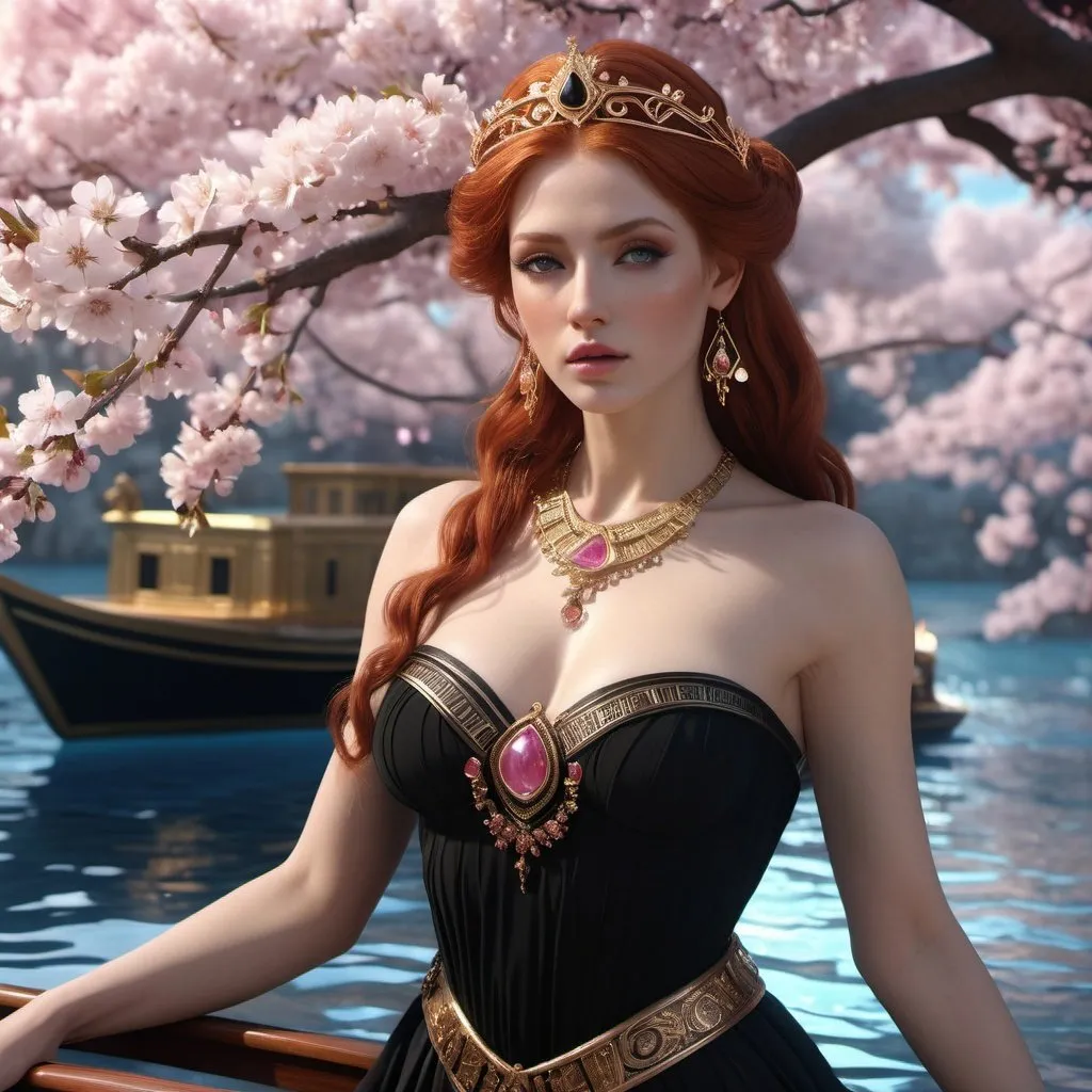Prompt: HD 4k 3D, 8k, hyper realistic, professional modeling, ethereal Greek Goddess Princess of Thebes, red hair, fair skin, gorgeous glowing face, black dress, pink gemstone jewelry and tiara, riding in funeral boat adorned with cherry blossoms, surrounded by ambient divinity glow, detailed, elegant, mythical, surreal dramatic lighting, majestic, goddesslike aura