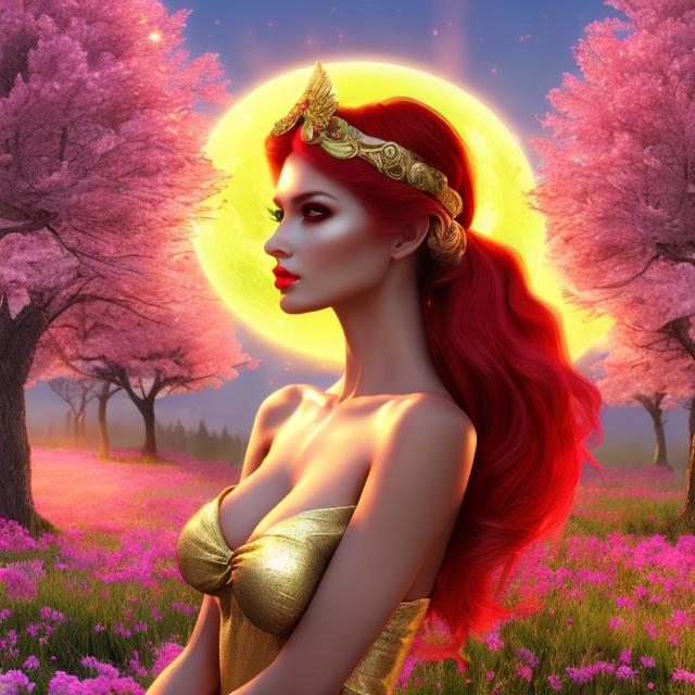 Prompt: HD 4k 3D 8k professional modeling photo hyper realistic beautiful women ethereal greek goddesses of the evening
pink red yellow hair gorgeous colored dresses gold jewelry and headbands pixie wings full body surrounded by ambient sunset glow hd landscape under golden apple tree dazzling light. 

