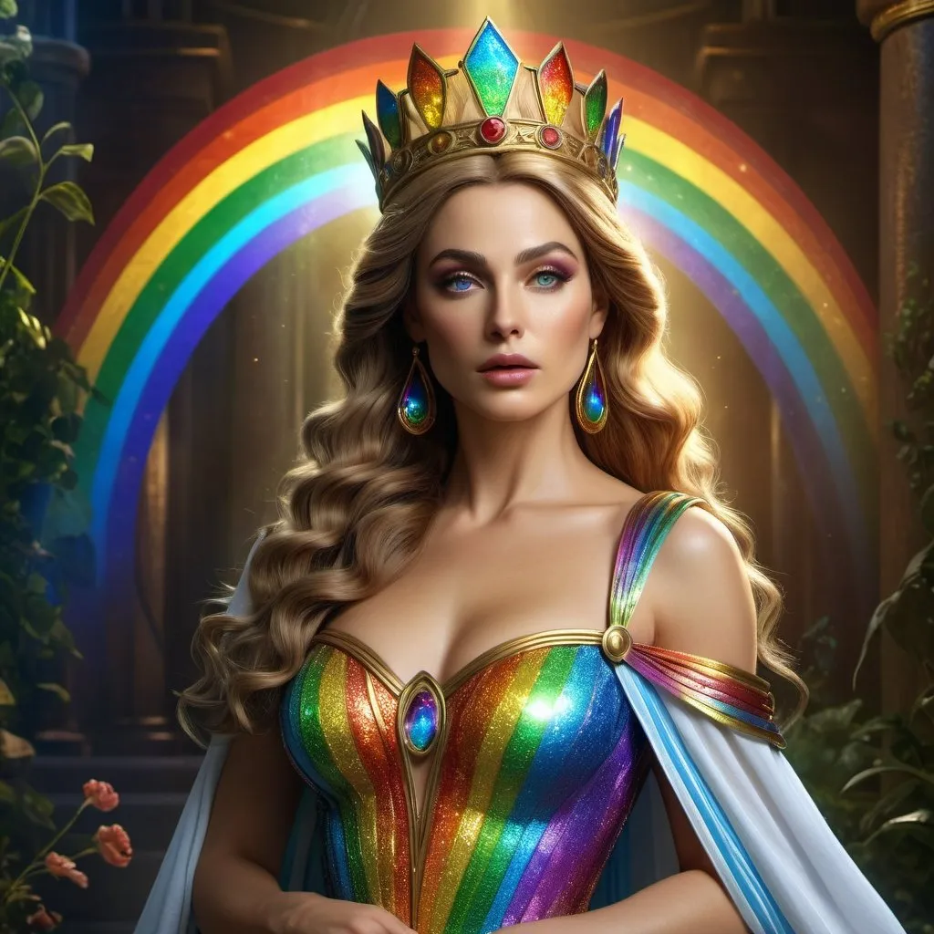 Prompt: HD 4k 3D 8k professional modeling photo hyper realistic beautiful rainbow woman Princess of Oz ethereal greek goddess gorgeous face full body surrounded by ambient glow, enchanted, magical, detailed, highly realistic woman, high fantasy background, immortal enchantress, elegant, mythical, surreal lighting, majestic, goddesslike aura, Annie Leibovitz style 

