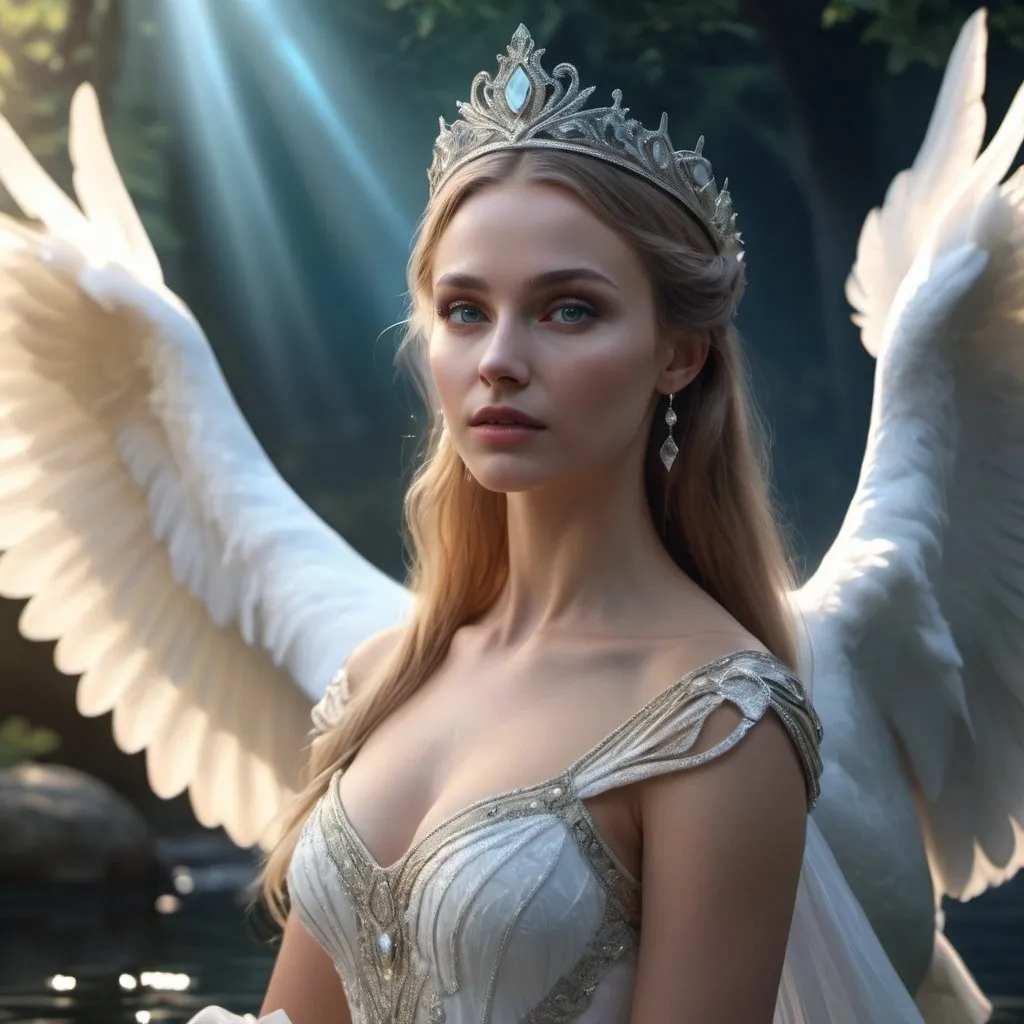 Prompt: HD 4k 3D, hyper realistic, professional modeling, enchanted Russian Princess - Odette, sorceress, beautiful, magical, Swan Lake, high fantasy background, detailed, highly realistic woman, elegant, ethereal, mythical, Greek goddess, surreal lighting, majestic, goddesslike aura