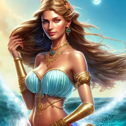 Prompt: HD 4k 3D 8k professional modeling photo hyper realistic beautiful ocean nymph woman ethereal greek goddess of fortune and fate
coral milkmaid braid hair brown eyes tan skin gorgeous face ancient grecian military costume seashell jewelry seashell crown full body surrounded by ambient glow hd landscape background standing on the bow of a boat at sea with treasure she is carrying a wheel of fortune
