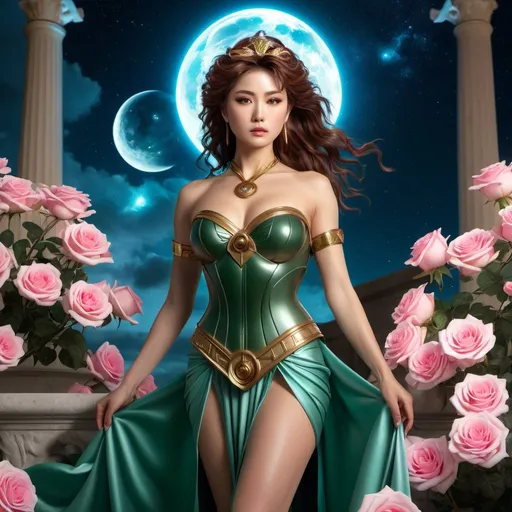 Prompt: HD 4k 3D 8k professional modeling photo hyper realistic beautiful woman enchanted Jupiter Princess Makoto, ethereal greek goddess, full body surrounded by ambient glow, magical, highly detailed, intricate, beautiful Sailor Jupiter style, Jupiter, pink roses and thunder and lighting atmosphere, outdoor landscape, highly realistic woman, high fantasy background, elegant, mythical, surreal lighting, majestic, goddesslike aura, Annie Leibovitz style 


