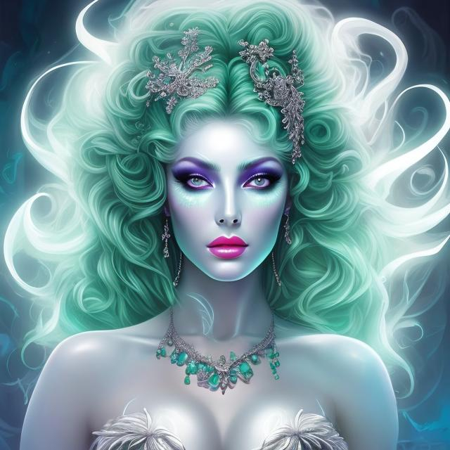 Prompt: HD 4k 3D, hyper realistic, professional modeling, ethereal Greek demon goddess of nightmares, green and blue bun hair, fair skin, black gown, gorgeous face, dark jewelry and headpiece, full body, ambient ghostly glow, dream spirit, night, detailed, elegant, ethereal, mythical, Greek, goddess, surreal lighting, majestic, goddesslike aura