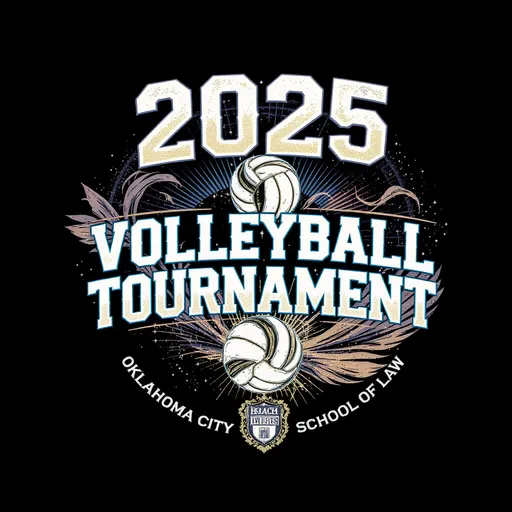 Prompt: create a shirt design for a beach volleyball tournament law and order theme

Make the design say: "2025 Volleyball Tournament Oklahoma City University School of Law"